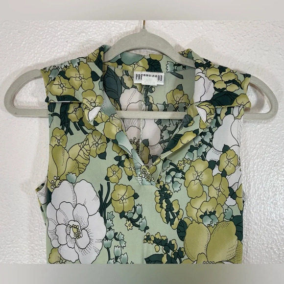 Pretty Good Made in USA Green Floral Collared Sleeveless Mini Dress Women’s S - Picture 2 of 11